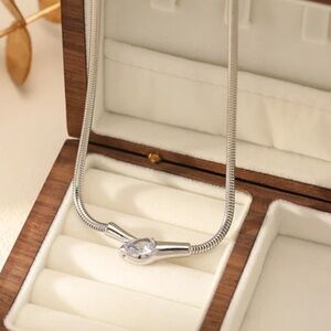 Stainless Steel Necklace with Clear Teardrop Pendant